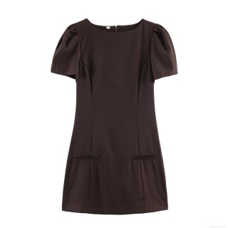 Women's Fashion Coffee Puff Sleeve Mini Dress Solid Color Pleated Slim Fit Bodycon Dress With Pockets Elegant Party Evening Short Dress For Ladies
