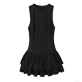 Fashion Women's Faux Suede Sleeveless Mini Dress Layered Ruffle Hem Round Neck A-Line Sexy Chic Party Short Dress