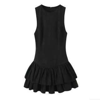 Fashion Women's Faux Suede Sleeveless Mini Dress Layered Ruffle Hem Round Neck A-Line Sexy Chic Party Short Dress