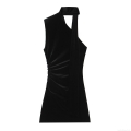 Sexy Velvet Mini Dress Elegant Polyester Spandex Sleeveless Halter Neck Ruched Side For Party Club Evening Chic Solid Black Bodycon Women Lady With Scarf