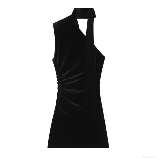 Sexy Velvet Mini Dress Elegant Polyester Spandex Sleeveless Halter Neck Ruched Side For Party Club Evening Chic Solid Black Bodycon Women Lady With Scarf