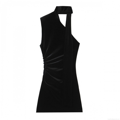 Sexy Velvet Mini Dress Elegant Polyester Spandex Sleeveless Halter Neck Ruched Side For Party Club Evening Chic Solid Black Bodycon Women Lady With Scarf