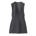 Women's Sexy V-Neck Sleeveless Slim Fit Mini A-Line Dress Elegant Solid Grey Polyester Spandex Commuter Office Dress With Invisible Zipper