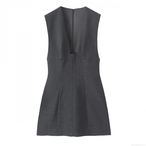 Women's Sexy V-Neck Sleeveless Slim Fit Mini A-Line Dress Elegant Solid Grey Polyester Spandex Commuter Office Dress With Invisible Zipper