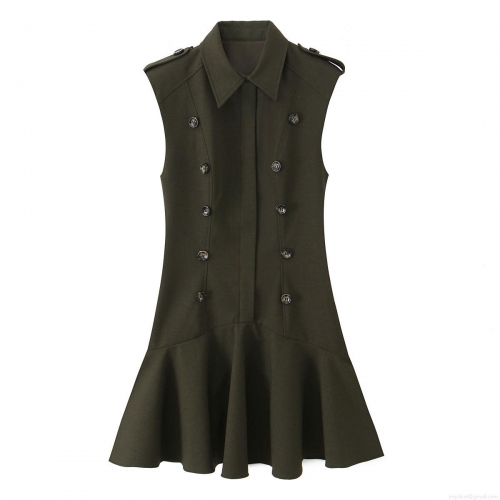Elegant Sleeveless Double Breasted Mini Dress Women Solid Color Lapel Collar Epaulets Ruffle Hem Military Style Polyester Blend Office Party Casual Wear