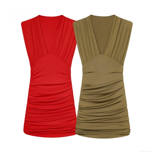Women Sexy V Neck Sleeveless Ruched Bodycon Mini Dress With Shoulder Pads Solid Color Polyester Spandex Night Out Party Clubwear For Women