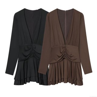 Women's Sexy Deep V Neck Ruched Long Sleeve Mini Dress Polyester Spandex Tiered Ruffle Hem Party Clubwear Bodycon Jumpsuit Style Dress