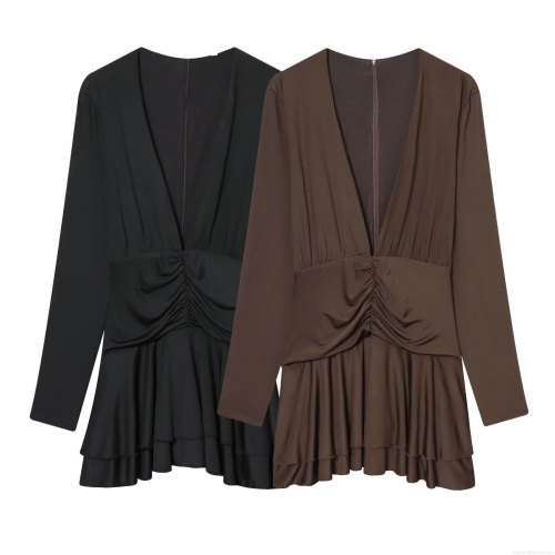 Women's Sexy Deep V Neck Ruched Long Sleeve Mini Dress Polyester Spandex Tiered Ruffle Hem Party Clubwear Bodycon Jumpsuit Style Dress