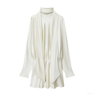 Women's Elegant Satin Mini Dress With Scarf Collar Long Sleeves Acetate Polyester Silk-like Tie Neck Irregular Hem Casual Party Dress