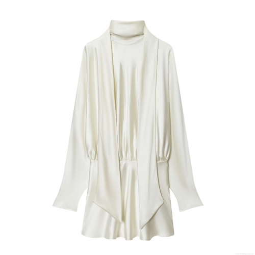 Women's Elegant Satin Mini Dress With Scarf Collar Long Sleeves Acetate Polyester Silk-like Tie Neck Irregular Hem Casual Party Dress