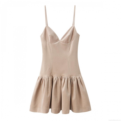 Women Sexy Backless Cami Mini Dress V-Neck Ruffle Hem Solid Color Sleeveless Party Cocktail Dress Faux Suede Bodycon Sundress Apricot Khaki