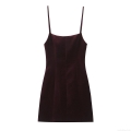 Women's Sexy Backless Velvet Mini Dress Slim Fit Sleeveless Party Club Dress Burgundy Solid Color Elegant Evening Outfits