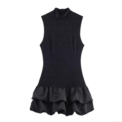 Women Black Sleeveless Patchwork Lace Mini Dress Satin Ruffle Hem Slim Fit Sexy High Neck Party Dress Elegant Bodycon Short Evening Gown