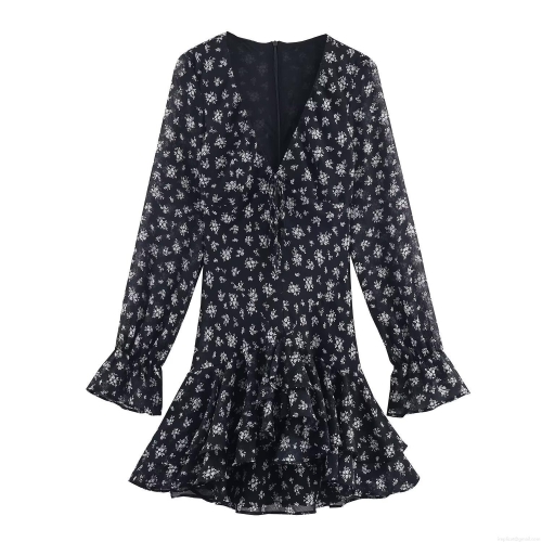 Women Sweet Floral Print V-Neck Long Sleeve Tiered Ruffle Mini Dress Elegant Chiffon Layered A-Line Party Dress For Spring Winter