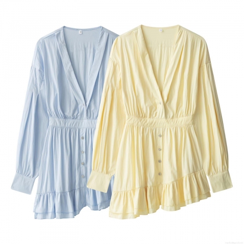 Women's Sweet Elegant V-Neck Ruffle Hem Mini Dress Long Sleeve Buttons Elastic Waist Pleated Texture Polyester Dress For Daily Vacation Party Ladies Spring Autumn Fashion