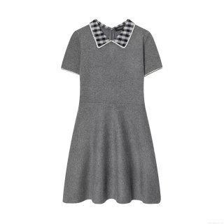 Women Sweet Grey Knit Short Sleeve Mini Dress With Plaid Peter Pan Collar A-Line Preppy Style Slim Fit Knitting Short Dress For Daily Dating