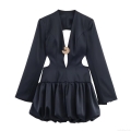 Women Sexy Black Satin Mini Dress Deep V-Neck Cut Out Backless Long Sleeve Blazer Style Bubble Hem Party Clubwear Bodycon Short Dress