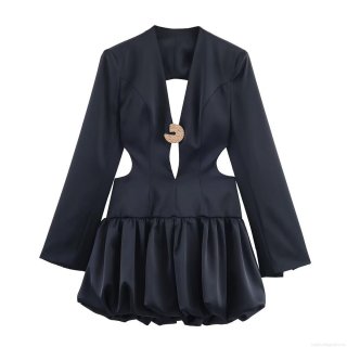 Women Sexy Black Satin Mini Dress Deep V-Neck Cut Out Backless Long Sleeve Blazer Style Bubble Hem Party Clubwear Bodycon Short Dress