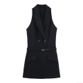 Women Sleeveless Blazer Dress Polyester Spandex Blend Slim Fit Mini A-Line Commuter Office Wear With Metal Buckle Belt Double Breasted Formal Business Party Gown Elegant Lady Fashion