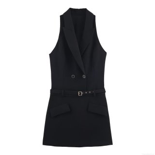 Women Sleeveless Blazer Dress Polyester Spandex Blend Slim Fit Mini A-Line Commuter Office Wear With Metal Buckle Belt Double Breasted Formal Business Party Gown Elegant Lady Fashion