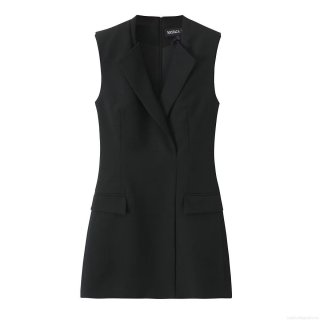 Women Elegant Sleeveless Suit Mini Dress V-Neck Slim Fit Blazer Dress With Shoulder Pads Back Zipper Office Lady Cocktail Party Dress