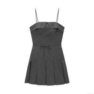 Women's Sexy Pinstripe Mini Dress Sleeveless Notched Collar Detail Pleated A-Line Dress With Waist Tie Fashion Chic Party Clubwear Short Dress