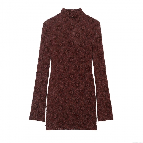 Women's Elegant High Neck Long Sleeve Lace Mini Dress Slim Fit Bodycon A-Line Short Dress For Party Dating Sexy Dark Red Outfits