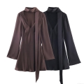 Elegant Women Satin Scarf Neck Mini Dress Long Flare Sleeve V Neck Solid Color Slim Fit Short Dress For Party Dating Office Lady Fashion