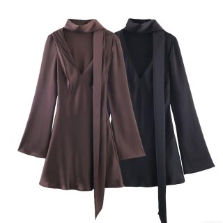 Elegant Women Satin Scarf Neck Mini Dress Long Flare Sleeve V Neck Solid Color Slim Fit Short Dress For Party Dating Office Lady Fashion