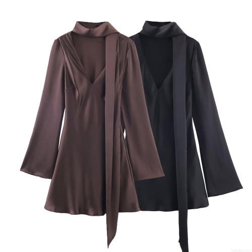 Elegant Women Satin Scarf Neck Mini Dress Long Flare Sleeve V Neck Solid Color Slim Fit Short Dress For Party Dating Office Lady Fashion