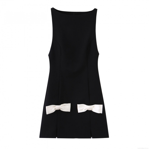 Women's Elegant Black Bow Mini Dress Sleeveless Slim Fit Round Neck Back Zipper Polyester Spandex Party Cocktail Bodycon Dress For Ladies