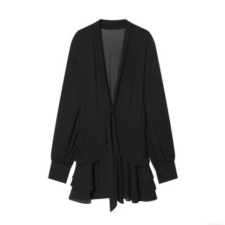 Women's Elegant Black Pearl Chiffon Mini Dress V-Neck Long Sleeve Tiered Ruffle Layered A-Line Casual Party Short Dresses