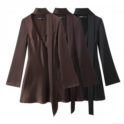 Elegant Satin Long Sleeve Mini Dress Deep V-Neck Tie-Back Bodycon Party Dress for Women Sexy Silk-Like Solid Color Clubwear Evening Dress