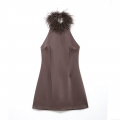 Sexy Halter Neck Satin Feather Mini Dress Backless Bodycon Cocktail Party Dress For Women Elegant Sleeveless Formal Evening Wedding Guest Dress