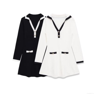 Women Elegant Deep V-Neck Contrast Trim Mini Dress Long Sleeve Slim Fit Gold Button Decoration Preppy Style Short Dresses For Office Party Lady