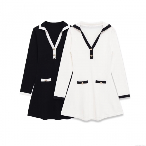 Women Elegant Deep V-Neck Contrast Trim Mini Dress Long Sleeve Slim Fit Gold Button Decoration Preppy Style Short Dresses For Office Party Lady