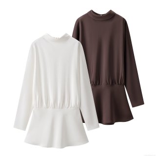 Elegant Satin Peplum Mini Dress With Giant Scarf Bow Detail Long Sleeve Deep V Neck Slim Fit Short Dress For Women Party Evening Wear