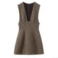 Women's V-Neck Tweed Sleeveless Mini Dress Elegant Slim Fit A-Line Short Dress Back Zipper Polyester Blend Winter Autumn Fashion Outfits For Women