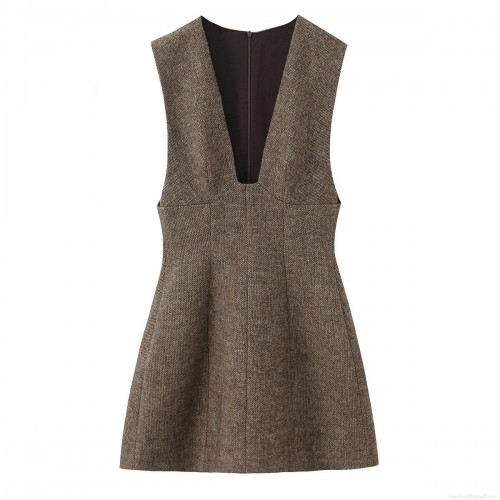 Women's V-Neck Tweed Sleeveless Mini Dress Elegant Slim Fit A-Line Short Dress Back Zipper Polyester Blend Winter Autumn Fashion Outfits For Women