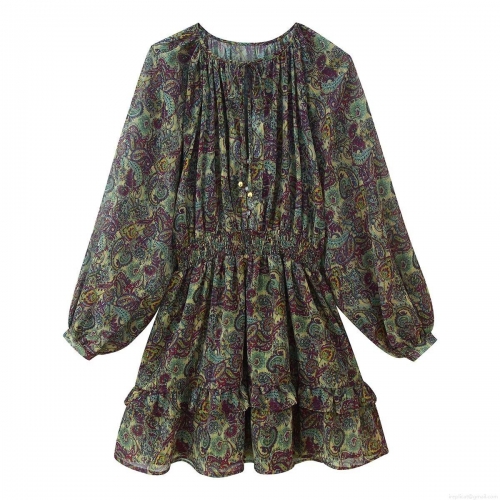 Women's Retro Paisley Print Chiffon Mini Dress With Metallic Thread Long Sleeve Elastic Waist Ruffle Hem Boho Short Dress