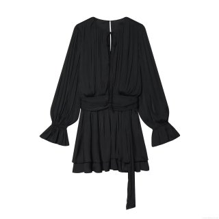 Women Elegant Black Island Satin Pleated Mini Dress Long Sleeve Tie Neck Ruffle Cuff A-Line Cocktail Party Dress For Women Chic Winter Fashion Clothing