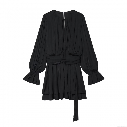 Women Elegant Black Island Satin Pleated Mini Dress Long Sleeve Tie Neck Ruffle Cuff A-Line Cocktail Party Dress For Women Chic Winter Fashion Clothing