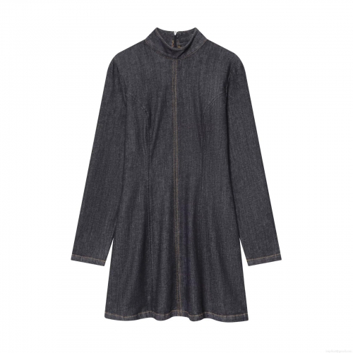 Women's Denim Mini Dress Long Sleeve Stand Collar Contrast Stitching A-Line Slim Fit Casual Fashion Short Dress For Ladies