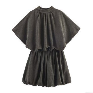 Women Sweet Grey Balloon Mini Dress Short Sleeve Pleated Half High Neck Elastic Polyester Casual Winter Loose Fit Dress For Lady