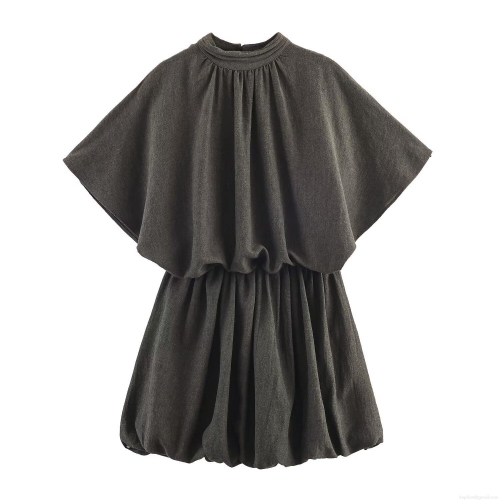 Women Sweet Grey Balloon Mini Dress Short Sleeve Pleated Half High Neck Elastic Polyester Casual Winter Loose Fit Dress For Lady