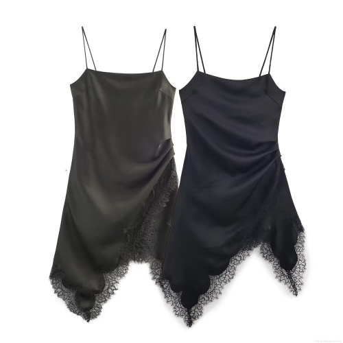 Women Sexy Satin Slip Dress Lace Trim V Neck Sleeveless Backless Mini Dress For Party Banquet Clubwear Solid Color Elastic Satin Asymmetrical Hem Elegant Evening Dress