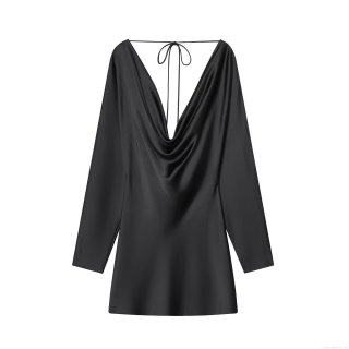 Sexy Satin Cowl Neck Backless Mini Dress For Women Elegant Tie Back Long Sleeve Bodycon Party Evening Dress Silk Texture Clubwear