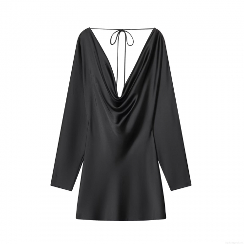 Sexy Satin Cowl Neck Backless Mini Dress For Women Elegant Tie Back Long Sleeve Bodycon Party Evening Dress Silk Texture Clubwear