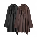 Women's Elegant Satin Silk Texture Mini Dress Long Sleeve V Neck Scarf Collar A-Line Pullover Solid Color Party Dress for Women