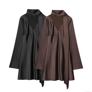 Women's Elegant Satin Silk Texture Mini Dress Long Sleeve V Neck Scarf Collar A-Line Pullover Solid Color Party Dress for Women